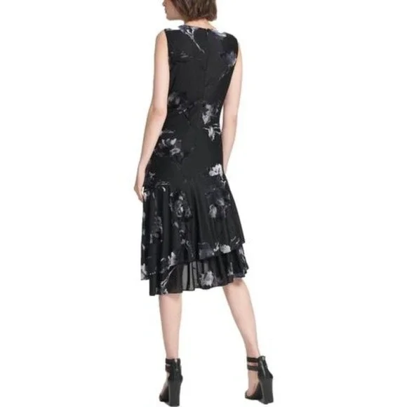 DKNY Black Asymmetrical Floral Print Party‎ Dress - Picture 5 of 6